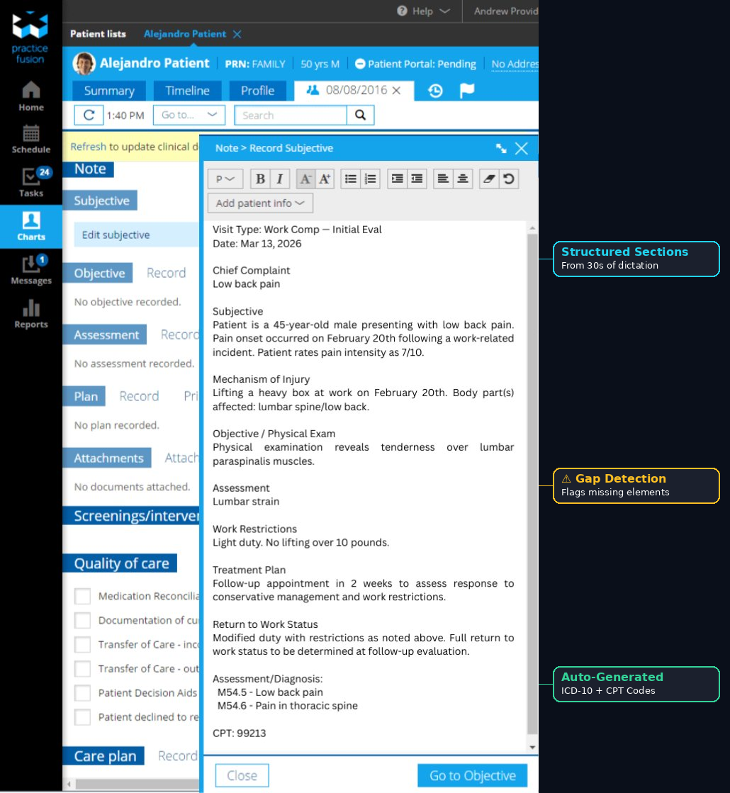 HIPAA Dictate structured note pasted into Practice Fusion EHR showing ICD-10 codes and structured sections